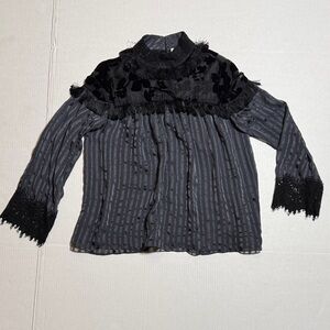 UTERQÜE Women's Black Striped Velour Floral Fringe Blouse High Collar Size M‎